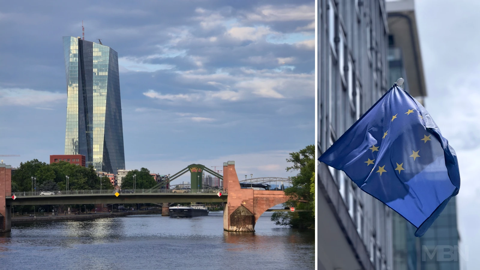 Editorial composite of the ECB headquarters and a separate EU flag photograph. Photos: Mohammad Ayaz Alam and aleksandre lomadze/Pexels.