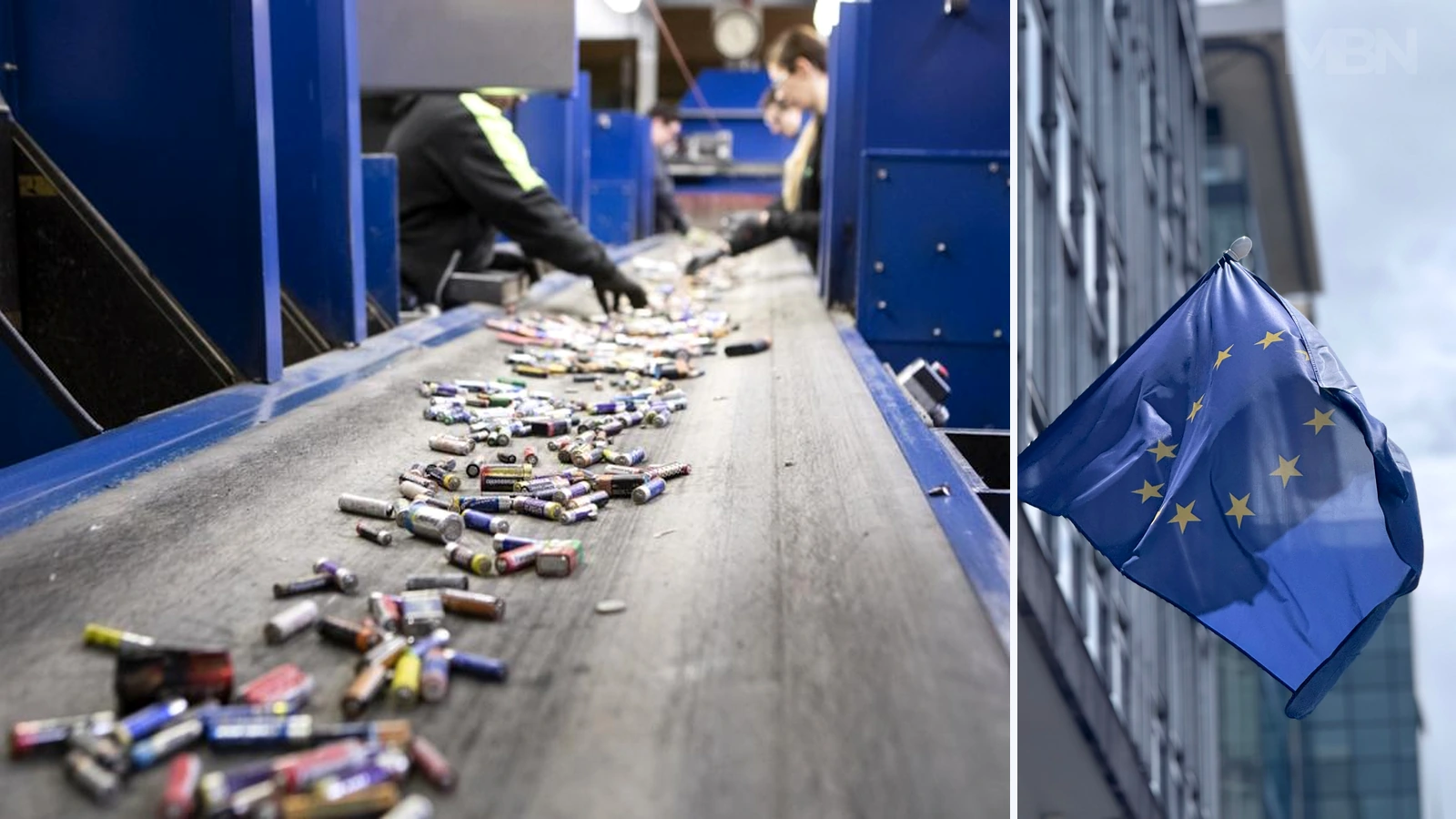 Editorial composite of a battery-sorting conveyor and EU flag; photos © EU 2019 (CC BY 4.0, https://creativecommons.org/licenses/by/4.0/) and aleksandre lomadze/Pexels, cropped and combined by MBN.