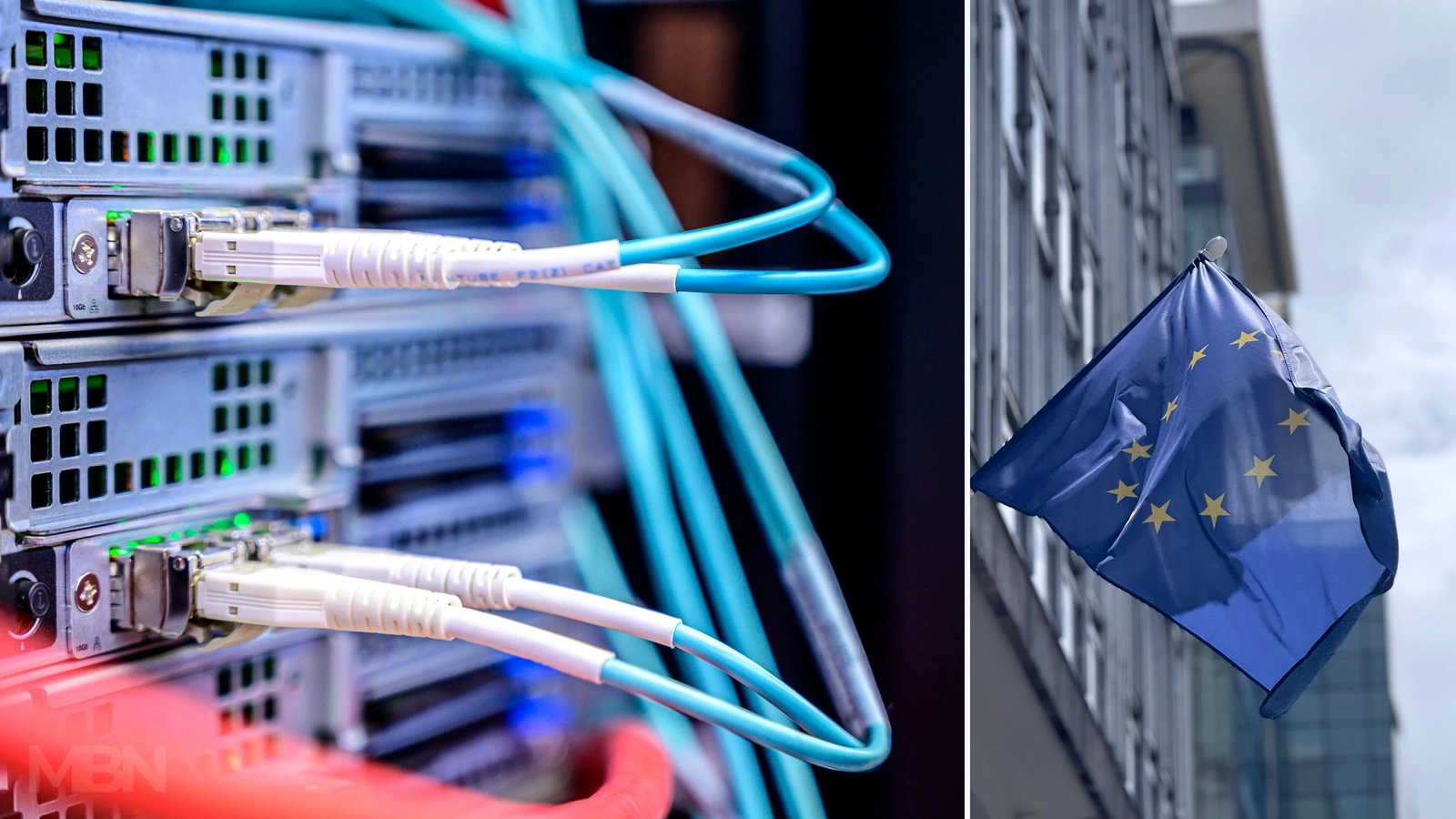 Editorial composite of network equipment connected by blue cables beside a separate European Union flag outside a modern building. Photos: Brett Sayles and aleksandre lomadze / Pexels. Representative equipment, not identified as compromised or endorsed by an EU institution.