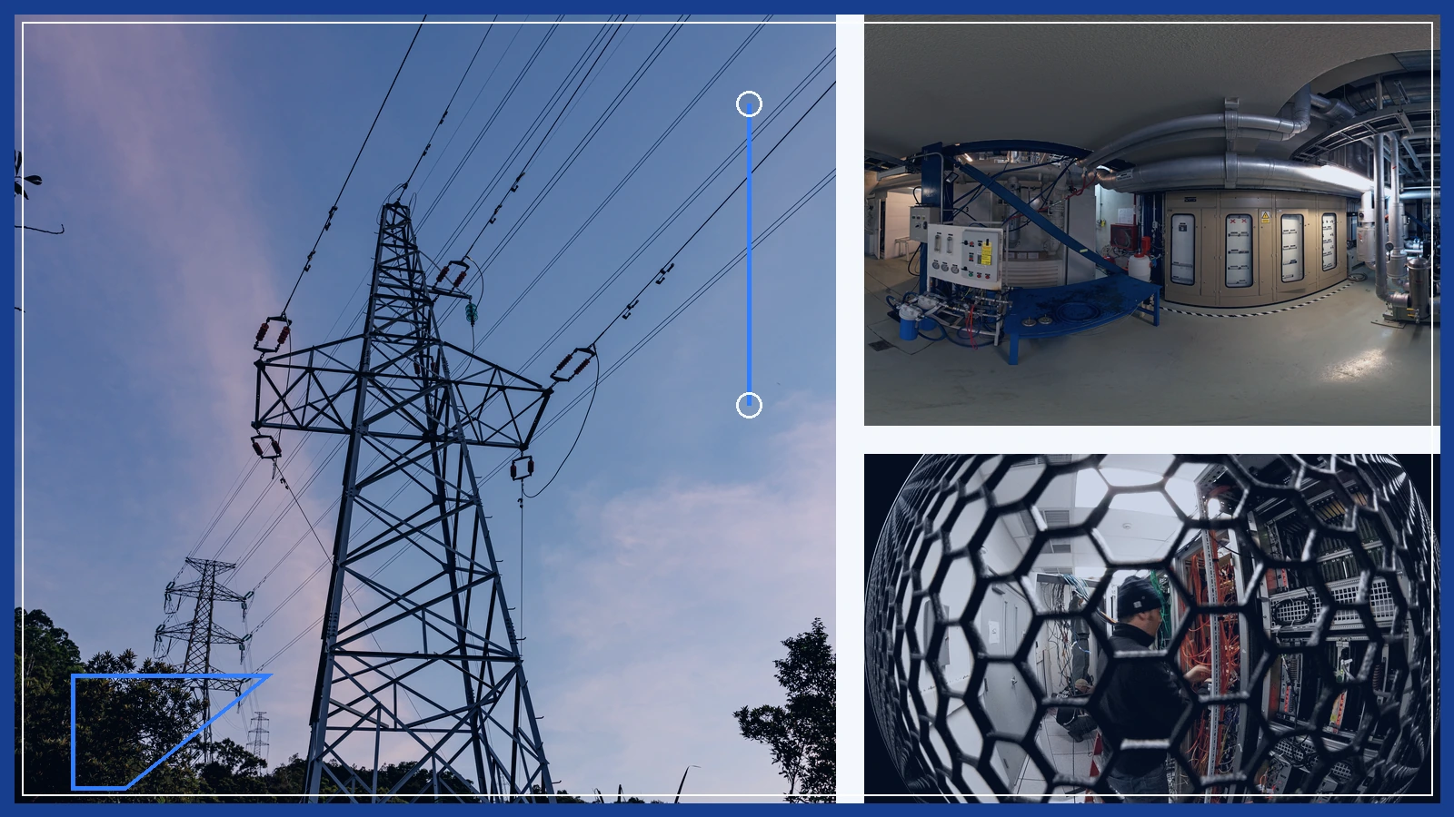 Editorial composite of a transmission tower, industrial cooling equipment and a technician working beside server racks in three separate panels.