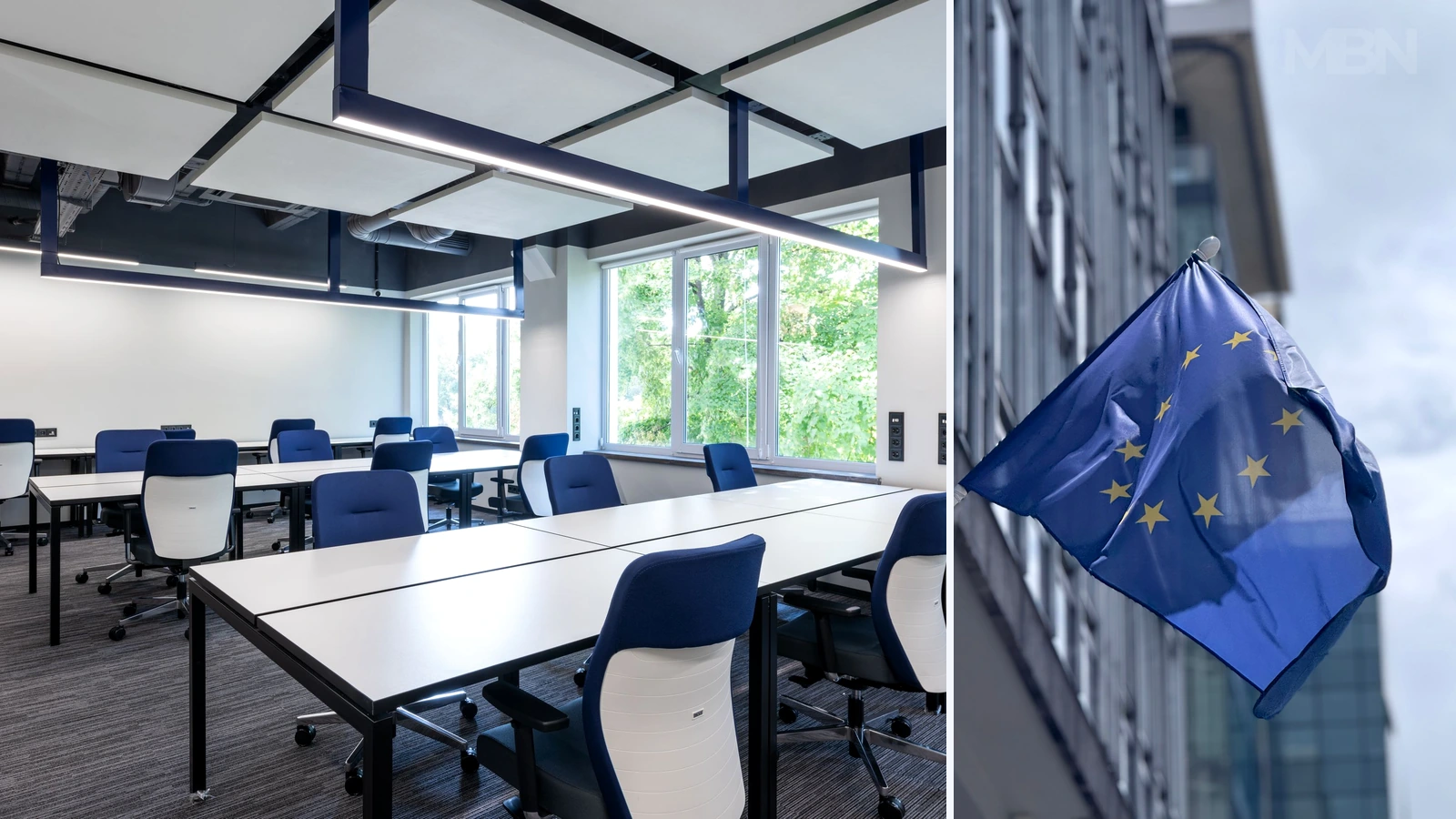 Editorial composite of office desks and an EU flag; representative photographs by Max Vakhtbovych and aleksandre lomadze/Pexels, cropped and combined by MBN.