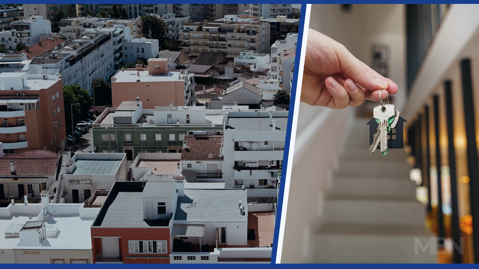 Editorial composite showing dense apartment buildings in Faro beside a hand holding house keys inside a modern residential building.