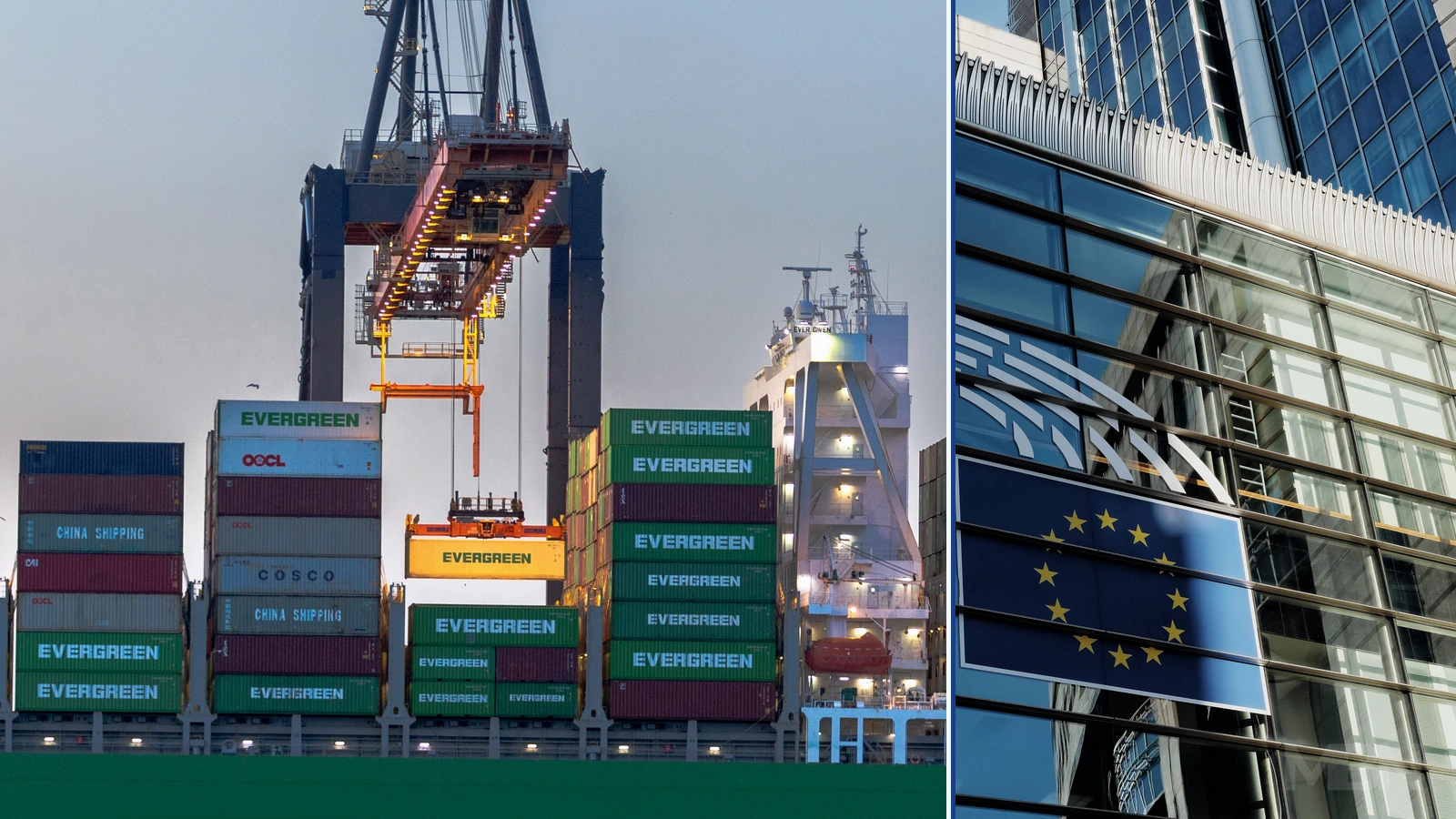 Editorial composite of cargo operations in Rotterdam and a separate Brussels building photograph.