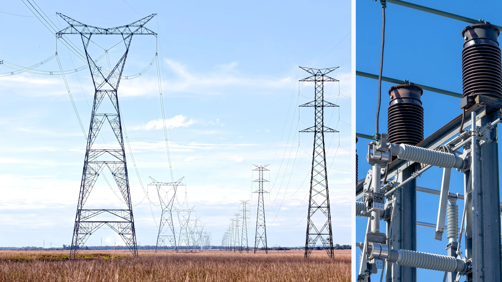 Editorial composite showing electricity pylons crossing an open field beside a separate close-up photograph of high-voltage substation equipment.