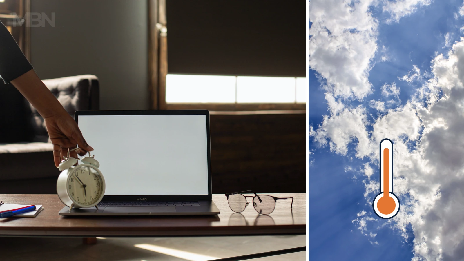 Editorial composite showing a hand holding an alarm clock beside a laptop, paired with sunlit clouds and an unnumbered thermometer symbol.