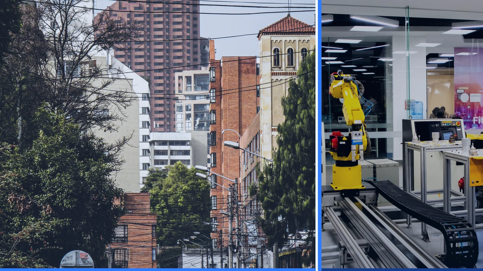 Editorial composite showing an urban street beside an industrial robotic arm in a factory.