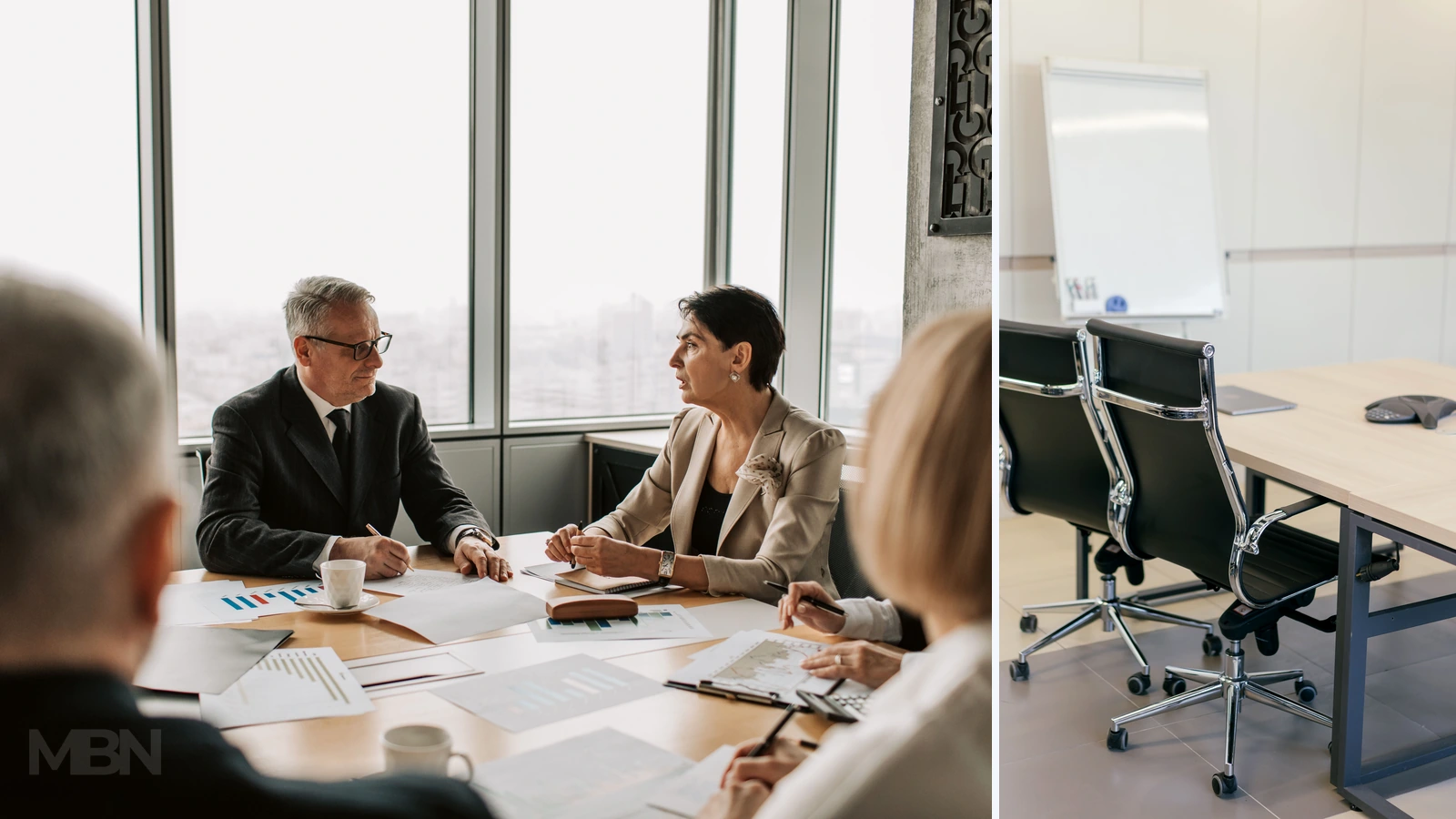 Editorial composite of a business meeting and empty conference chairs; representative photos by Vlada Karpovich and Mikhail Nilov/Pexels, cropped and combined by MBN.
