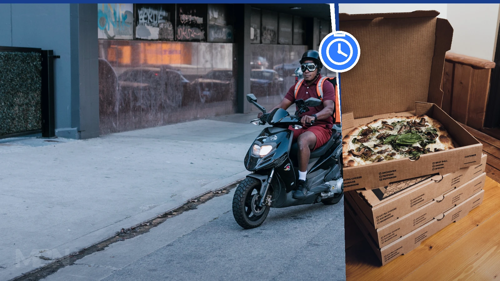 Editorial composite showing a food courier riding a scooter beside stacked pizza boxes, with a clock symbol marking delivery speed.