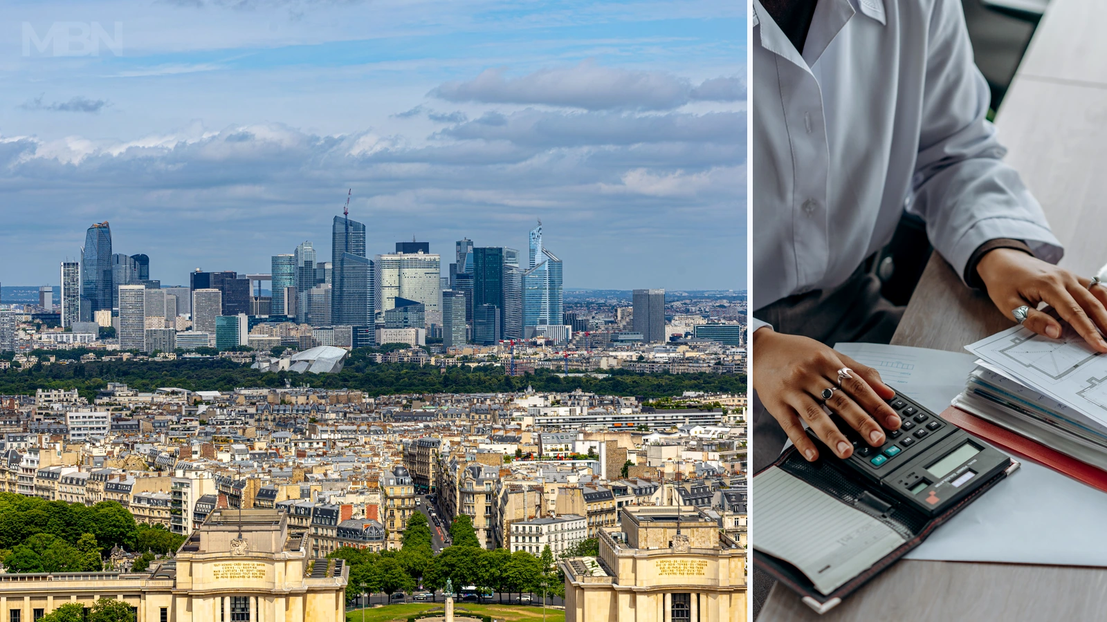 Editorial composite of the La Défense skyline and a calculator with paperwork; photos Regan Dsouza and Mikhail Nilov/Pexels, cropped and combined by MBN.