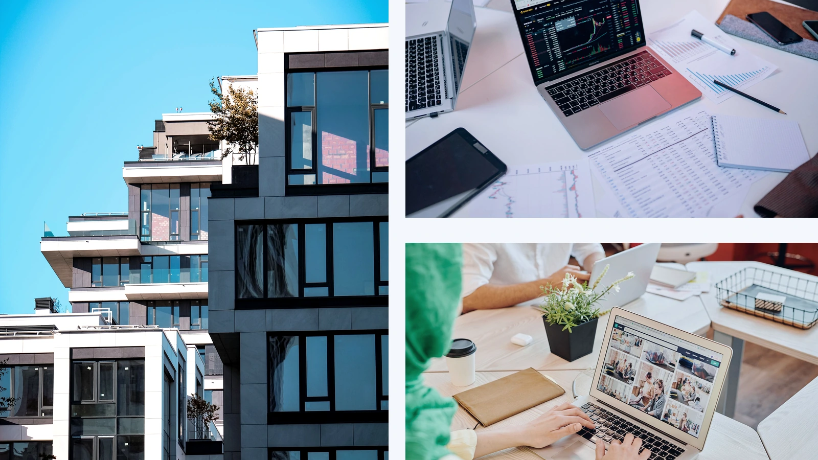 Editorial composite showing modern apartment buildings, laptop screens with market charts and a shared workspace with laptops.