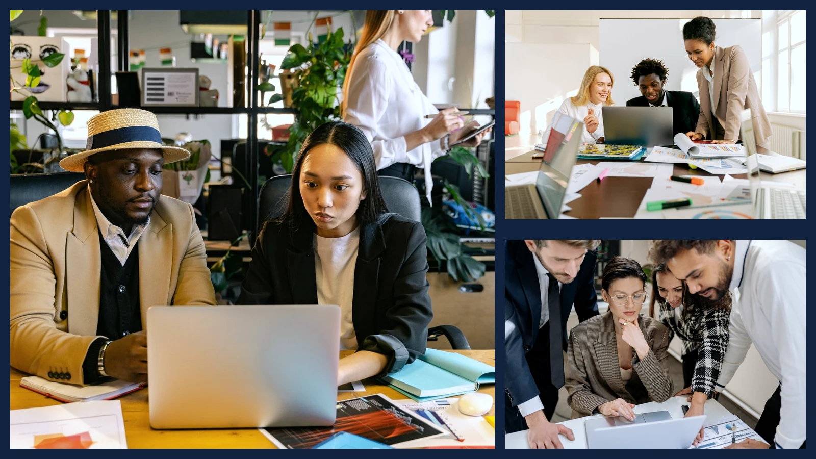 Editorial composite of separate office teams using laptops during workplace discussions