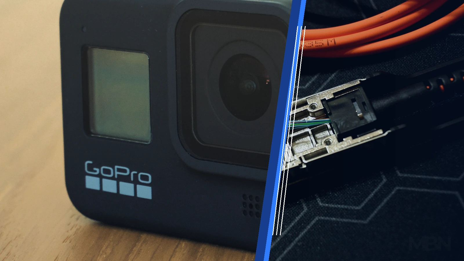 Editorial composite showing a GoPro action camera beside a disassembled optical transceiver with visible fiber connections.