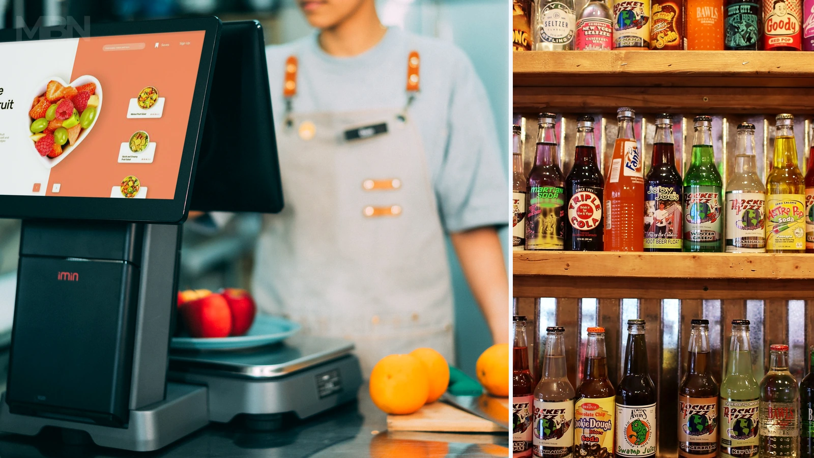 Editorial composite of fruit at a checkout and soda bottles on shelves; representative photos iMin Technology and Leah Newhouse/Pexels, cropped by MBN.