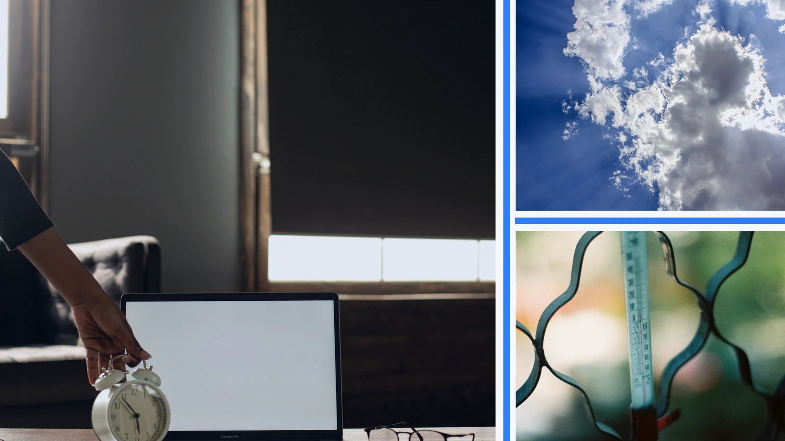 Editorial composite of a sunlit work desk beside separate panels of bright sky and an outdoor thermometer.