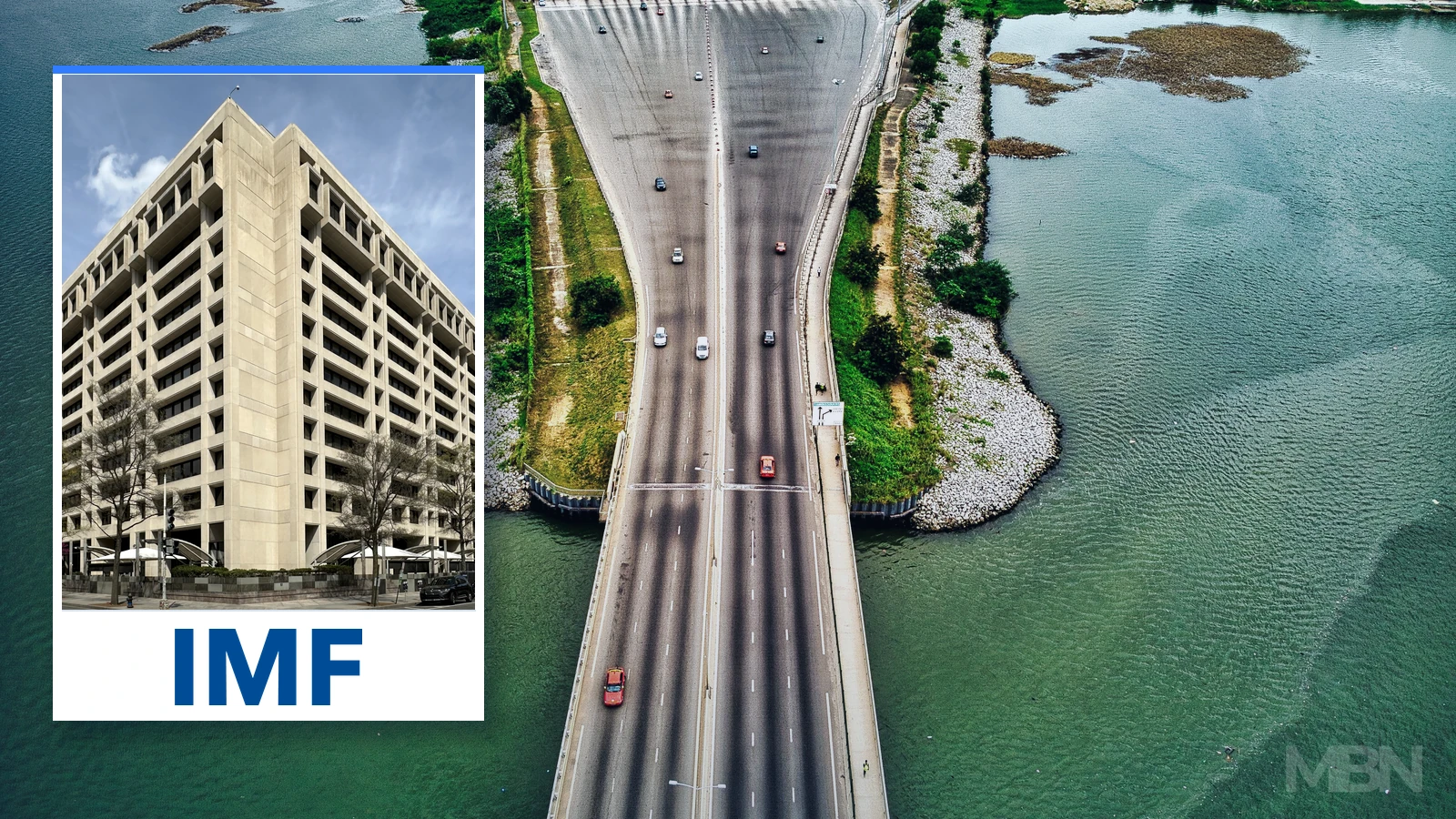 Editorial composite showing an aerial bridge in Abidjan beside an inset of the IMF headquarters and its initials.