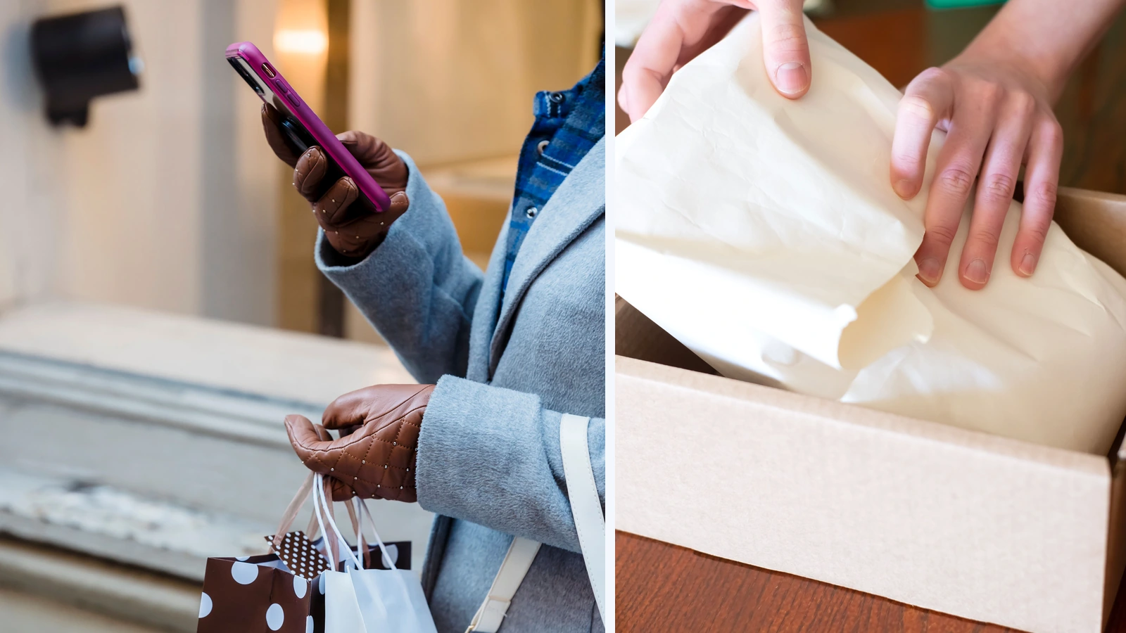 Editorial composite showing a shopper holding a smartphone and shopping bags beside hands packing an order in a cardboard box.