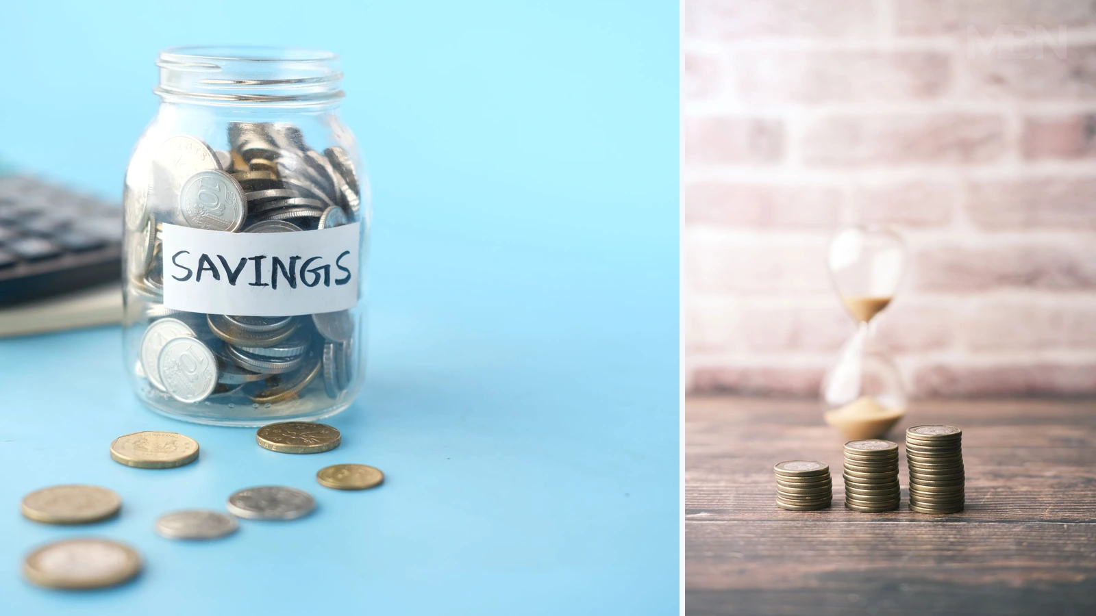 Editorial composite of a savings jar, calculator, coin stacks and hourglass; representative photographs by Towfiqu barbhuiya/Pexels, cropped and combined by MBN.