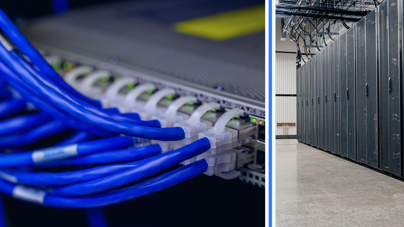 Editorial composite of Ethernet cables connected to a network switch beside data-centre server racks.
