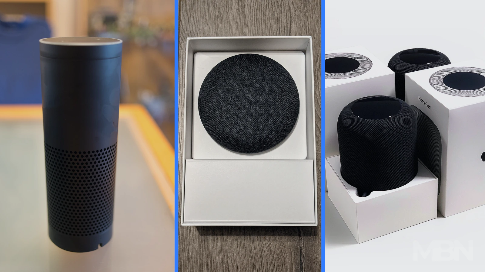 Editorial composite of an Amazon Echo, a Google Nest Mini and Apple HomePod speakers in three separate vertical panels.