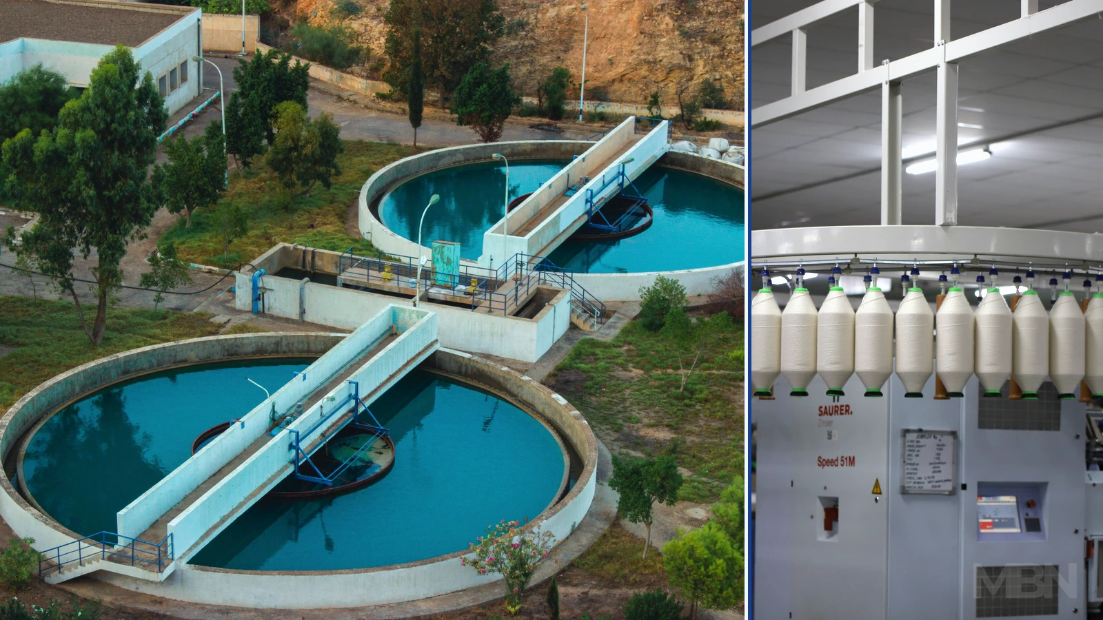 Editorial composite showing circular water-treatment tanks beside a separate factory photograph of white yarn packages hanging from textile machinery.