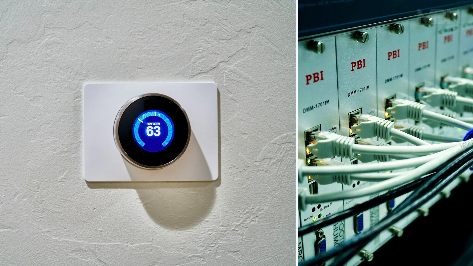 Editorial composite of a Nest thermostat and Ethernet cables; representative photos by Dan LeFebvre/Unsplash and Sergei Starostin/Pexels, cropped and combined by MBN.