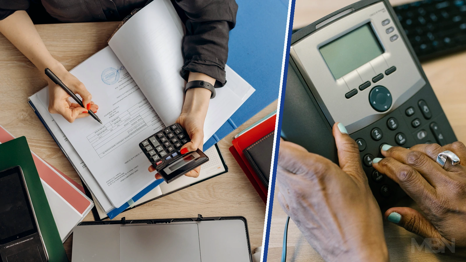 Editorial composite showing hands checking paperwork with a calculator beside a separate close-up of hands dialling a desk telephone.