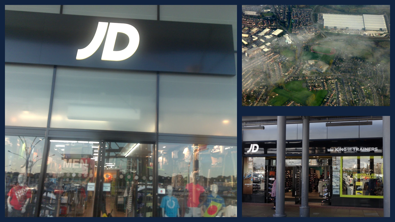 Editorial composite showing two JD Sports storefronts and a JD warehouse seen from above.