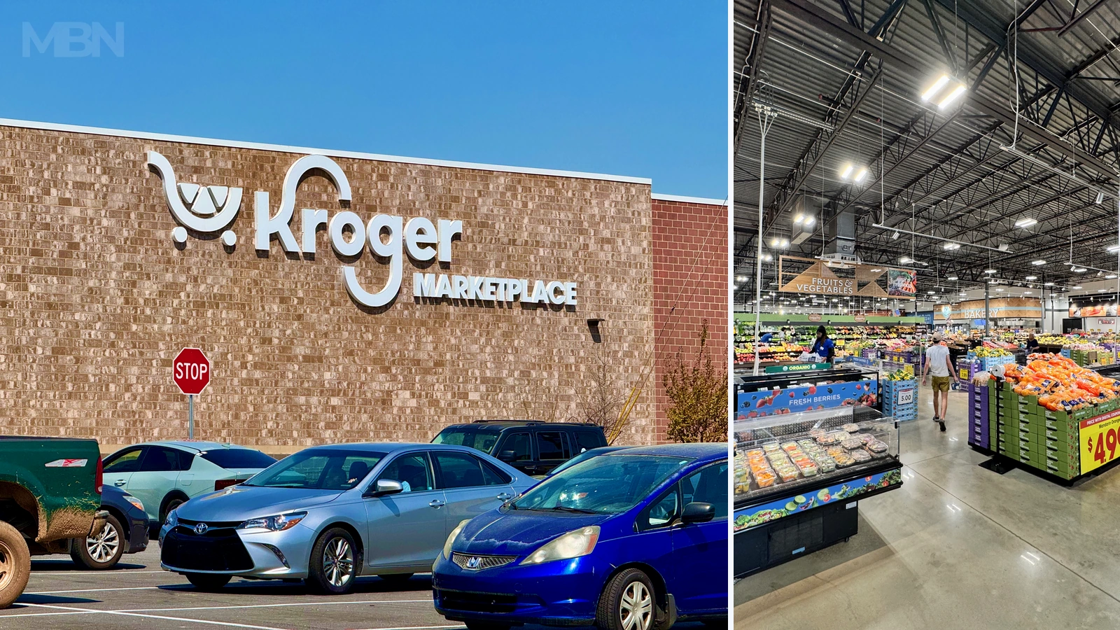 Editorial composite of a Kroger storefront and produce section in Athens, Georgia; photos Harrison Keely/Wikimedia Commons, CC BY 4.0 (https://creativecommons.org/licenses/by/4.0/), cropped and combined by MBN.