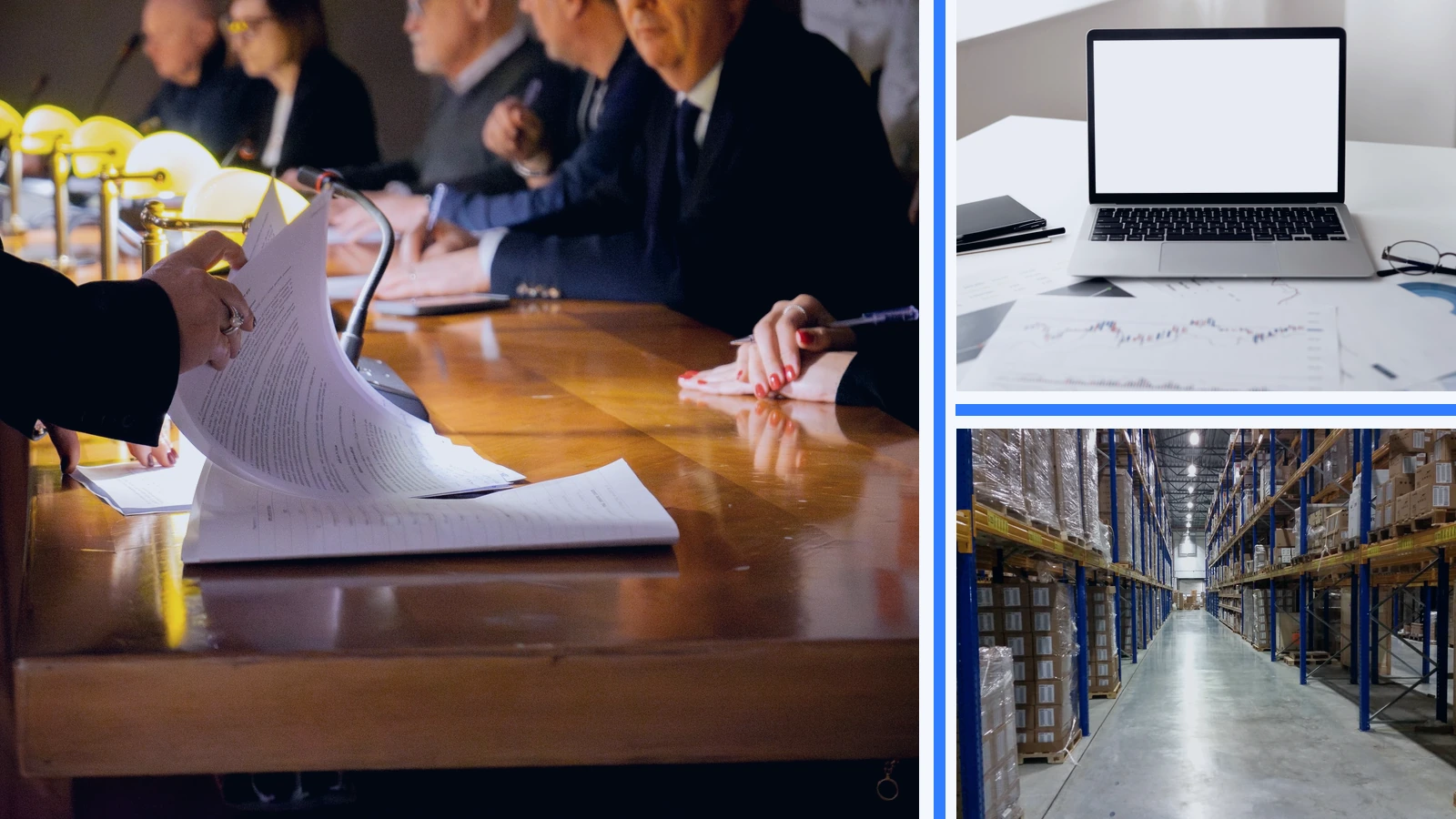 Editorial composite of people reviewing documents, a laptop with financial papers and a warehouse aisle of cartons.