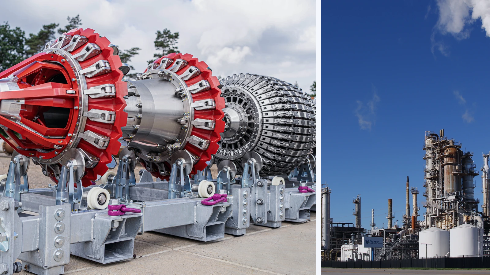Editorial composite showing a red and silver pipeline-inspection tool beside a large oil refinery.