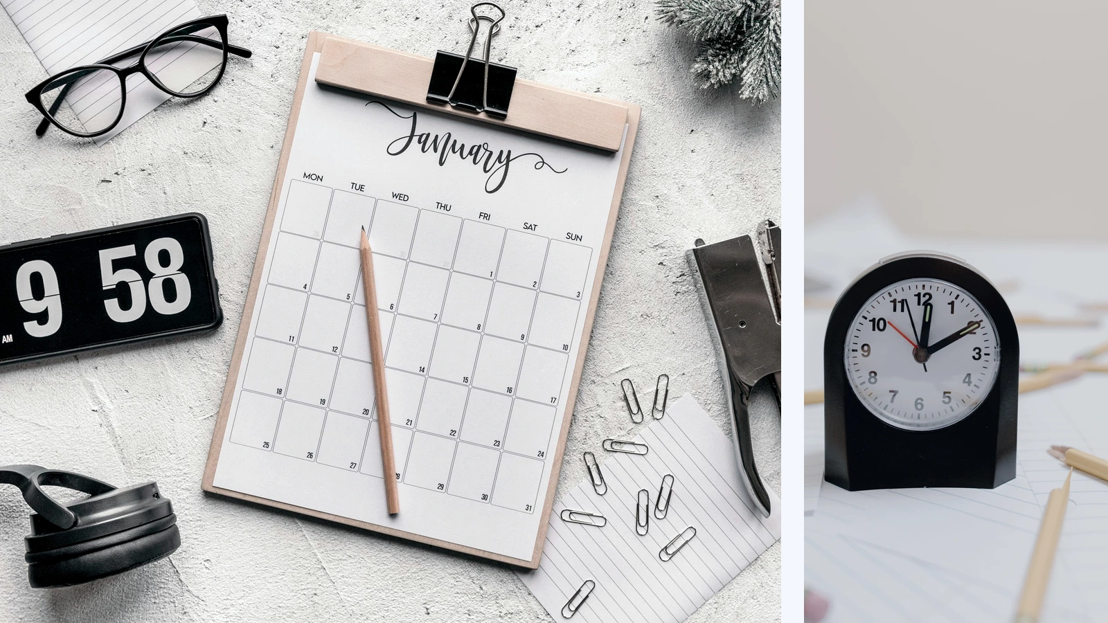 Editorial montage of a desk calendar, stationery and an analogue clock on paperwork.