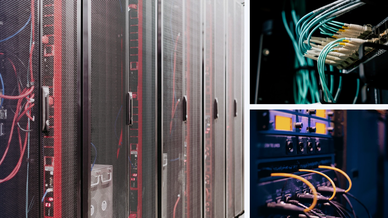 Editorial composite of server racks, fiber connections, and network equipment in separate panels.