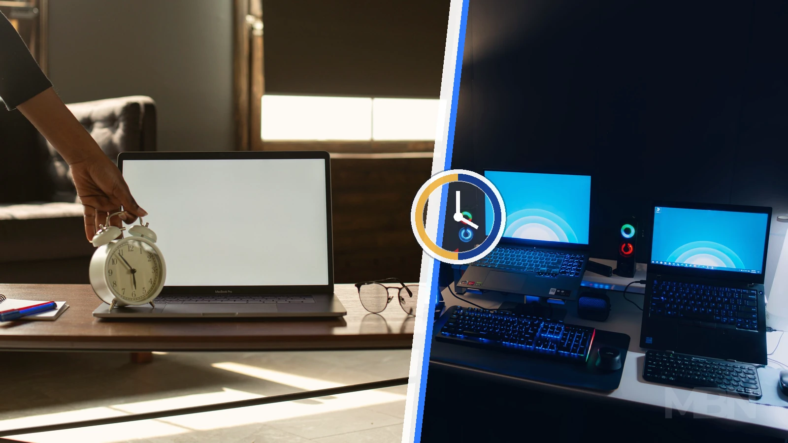 Editorial composite contrasting a sunlit desk with an alarm clock and laptop against a dark, blue-lit workspace, divided by a clock motif.