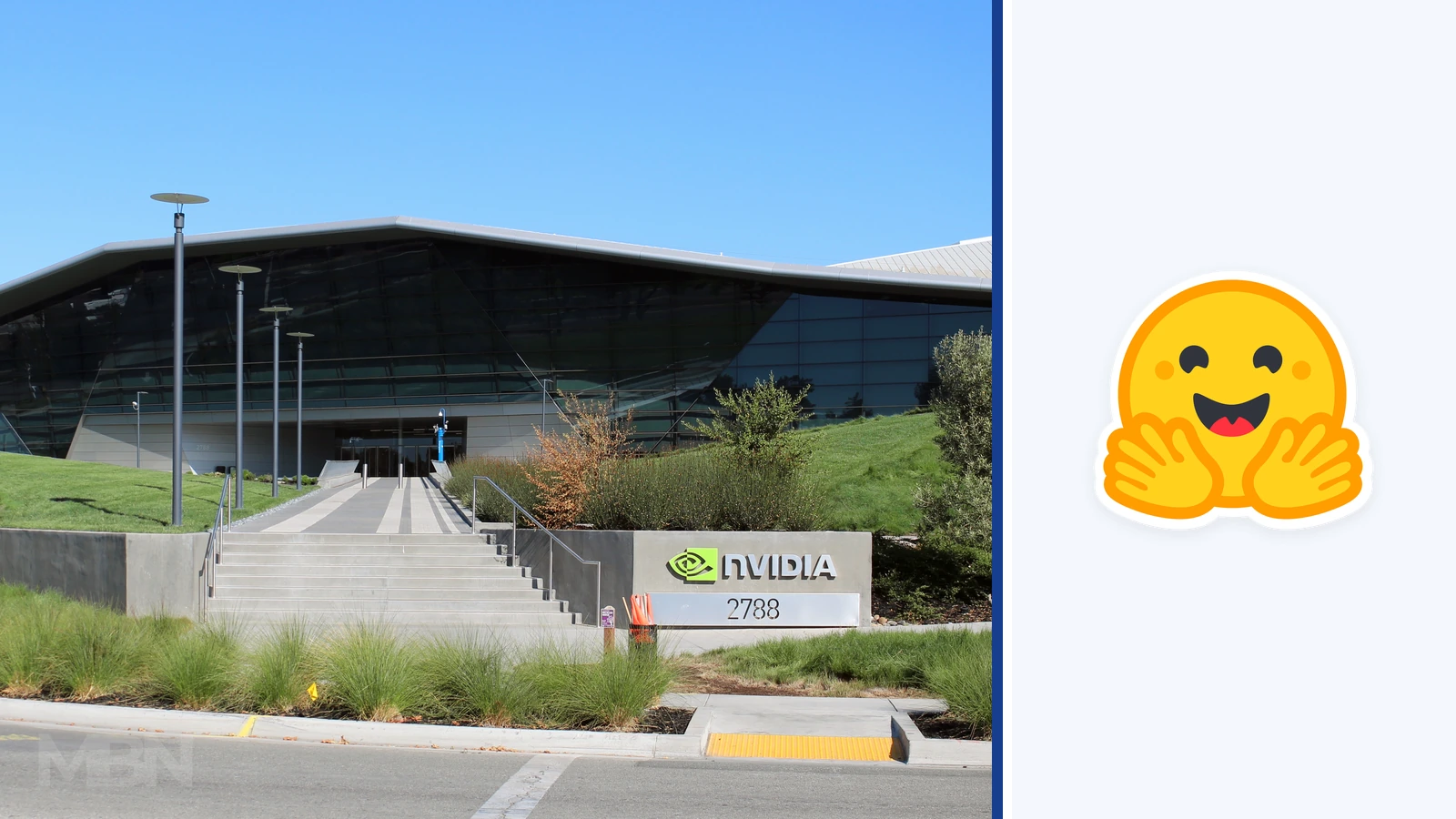 Editorial composite showing Nvidia's Santa Clara headquarters and company sign beside the yellow Hugging Face logo in a separate panel.