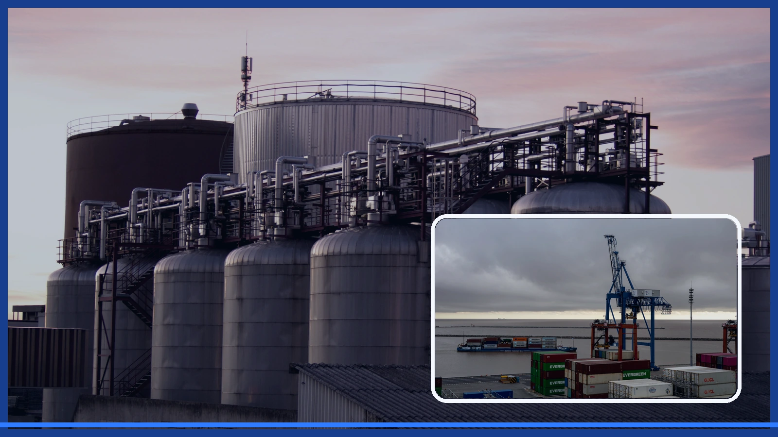 Editorial composite of refinery storage tanks and a cargo terminal with cranes and containers.