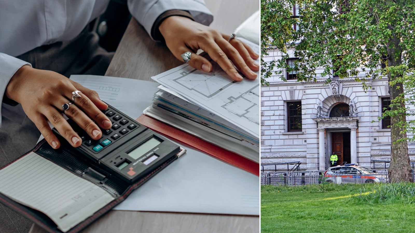 Editorial composite of representative financial paperwork and an archive photograph of HM Treasury in London