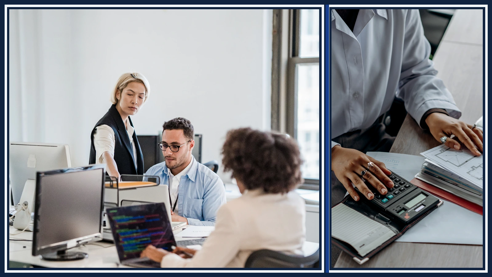 Editorial composite of office workers beside a person reviewing documents with a calculator.
