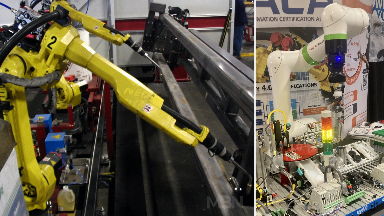 Editorial composite of historical FANUC welding robots and a separate CRX-5iA display.