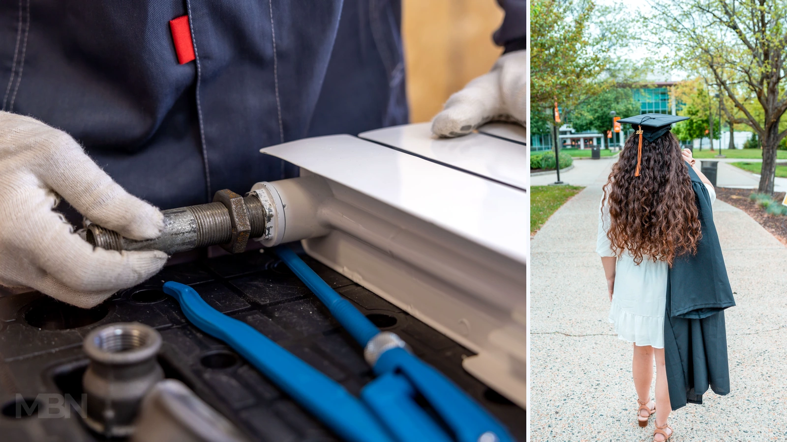 Editorial composite of hands fitting a radiator pipe and a graduate walking outdoors; representative photos by Sergei Starostin and Ellie/Pexels, cropped and combined by MBN.