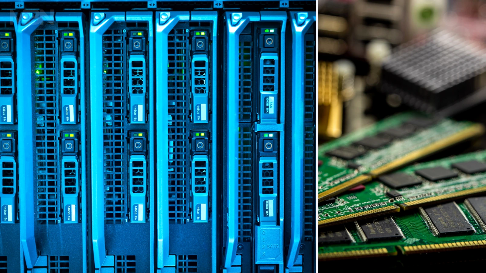 Editorial composite of server hardware and computer memory; representative photographs by panumas nikhomkhai and Sergei Starostin/Pexels, cropped and combined by MBN.