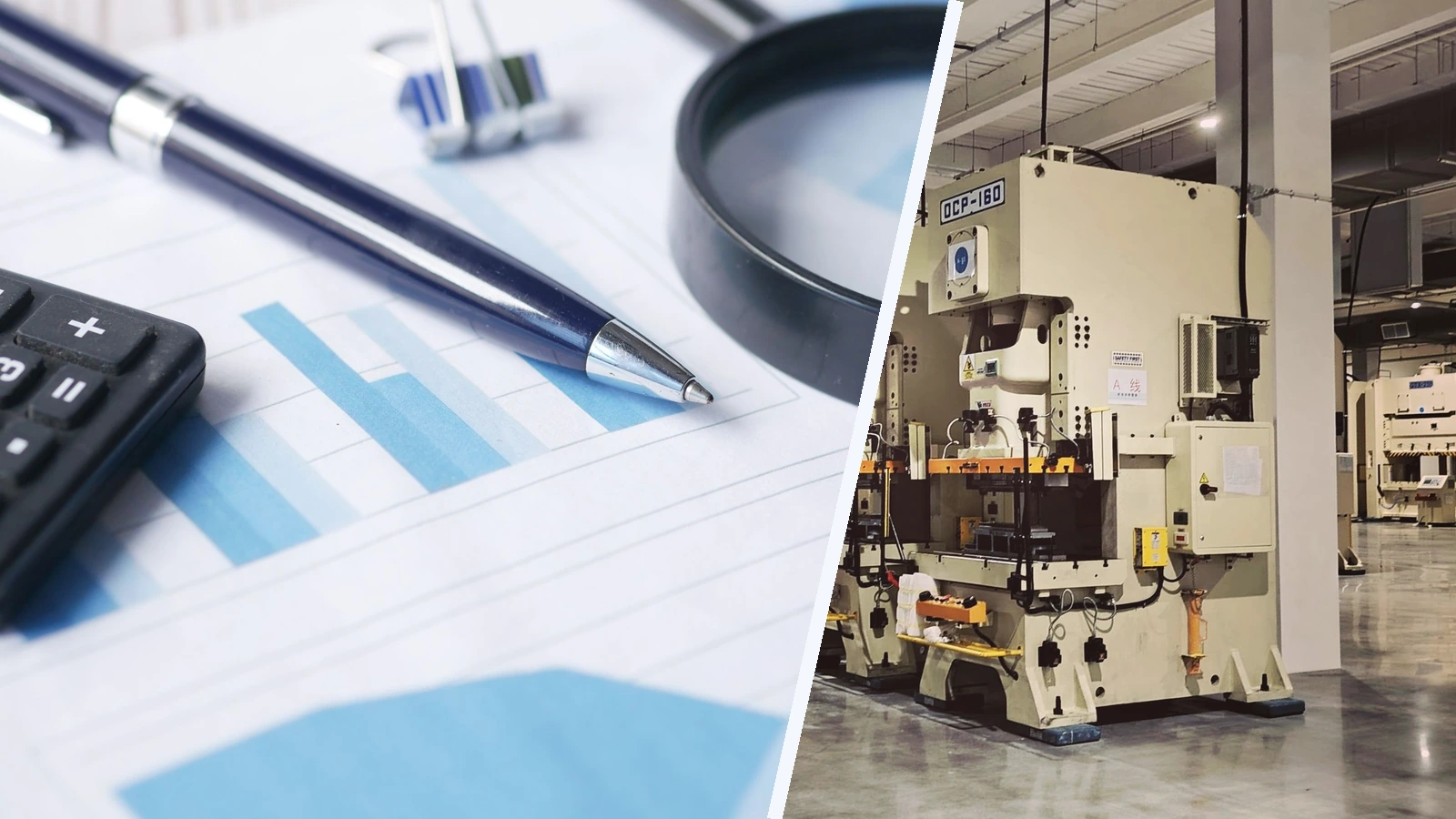 Editorial composite of a calculator, pen and magnifying glass on financial charts beside factory machinery, separated by a diagonal white divider.