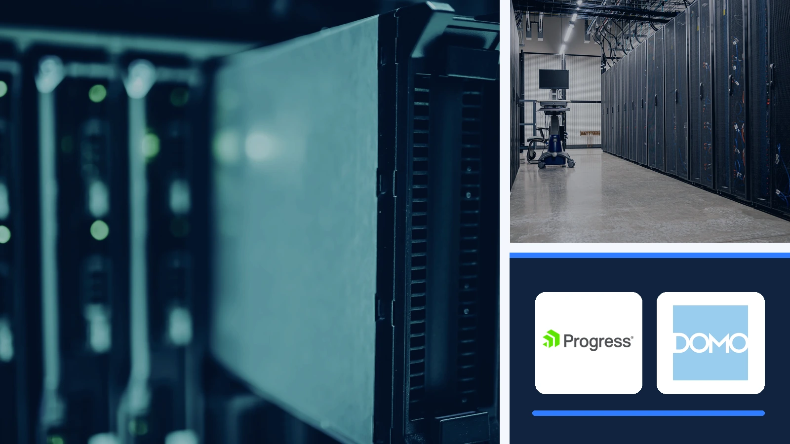 Editorial composite showing two separate data-center server-room photographs beside unaltered Progress and Domo company marks.