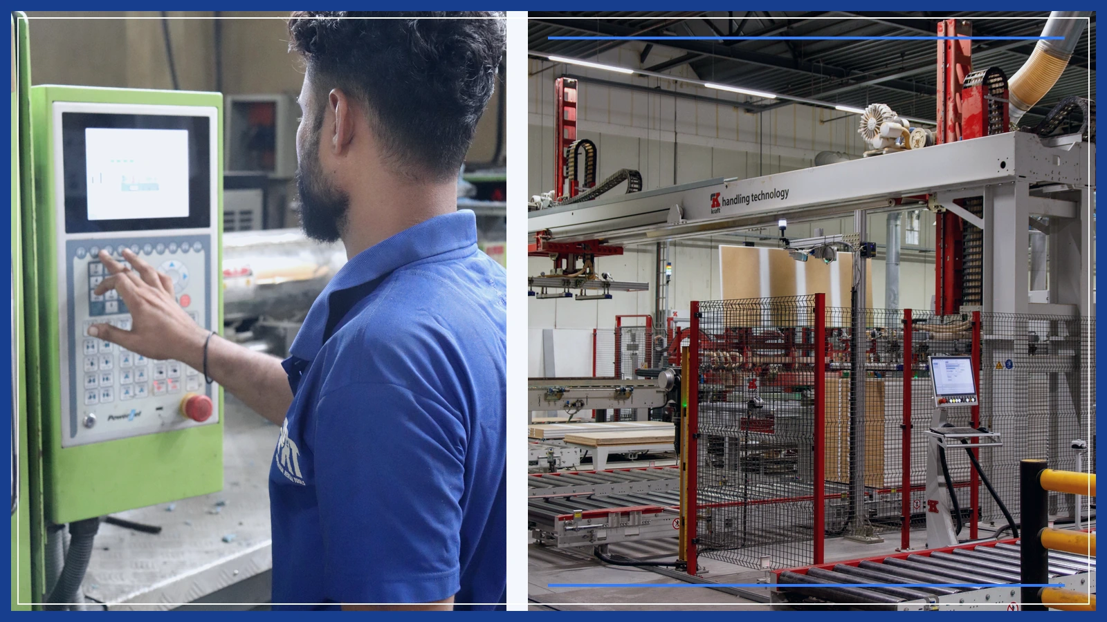 Editorial composite of a factory worker at a machine control panel and automated conveyor equipment in separate panels.