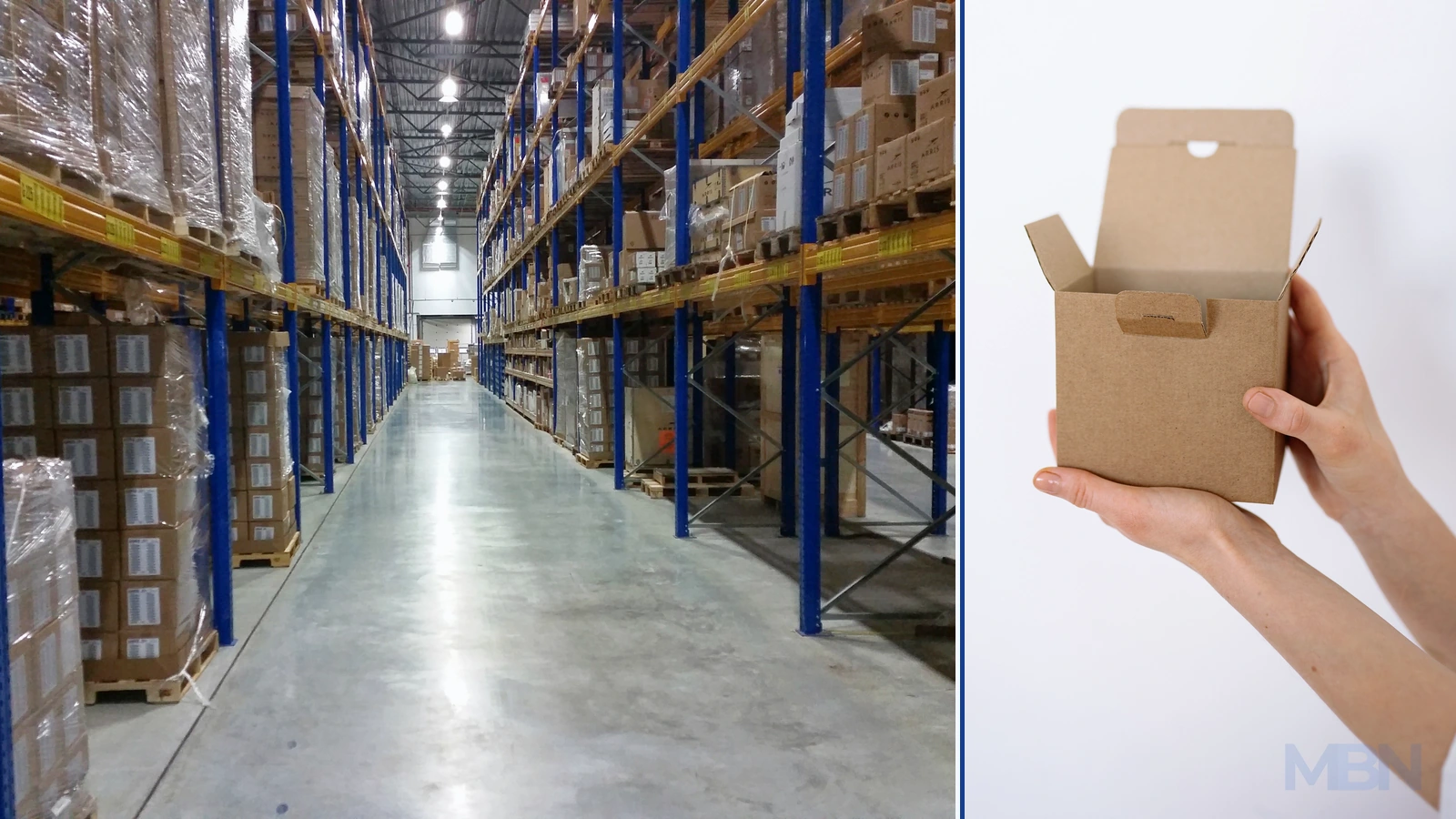 Editorial composite of separate warehouse and packaging photographs. The images are representative and do not show a documented product return.