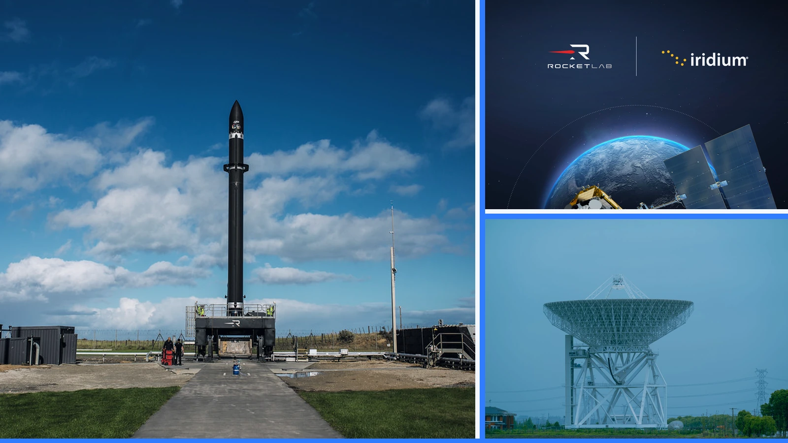 Editorial composite showing a Rocket Lab Electron rocket, Rocket Lab and Iridium marks, and a large satellite communications dish.