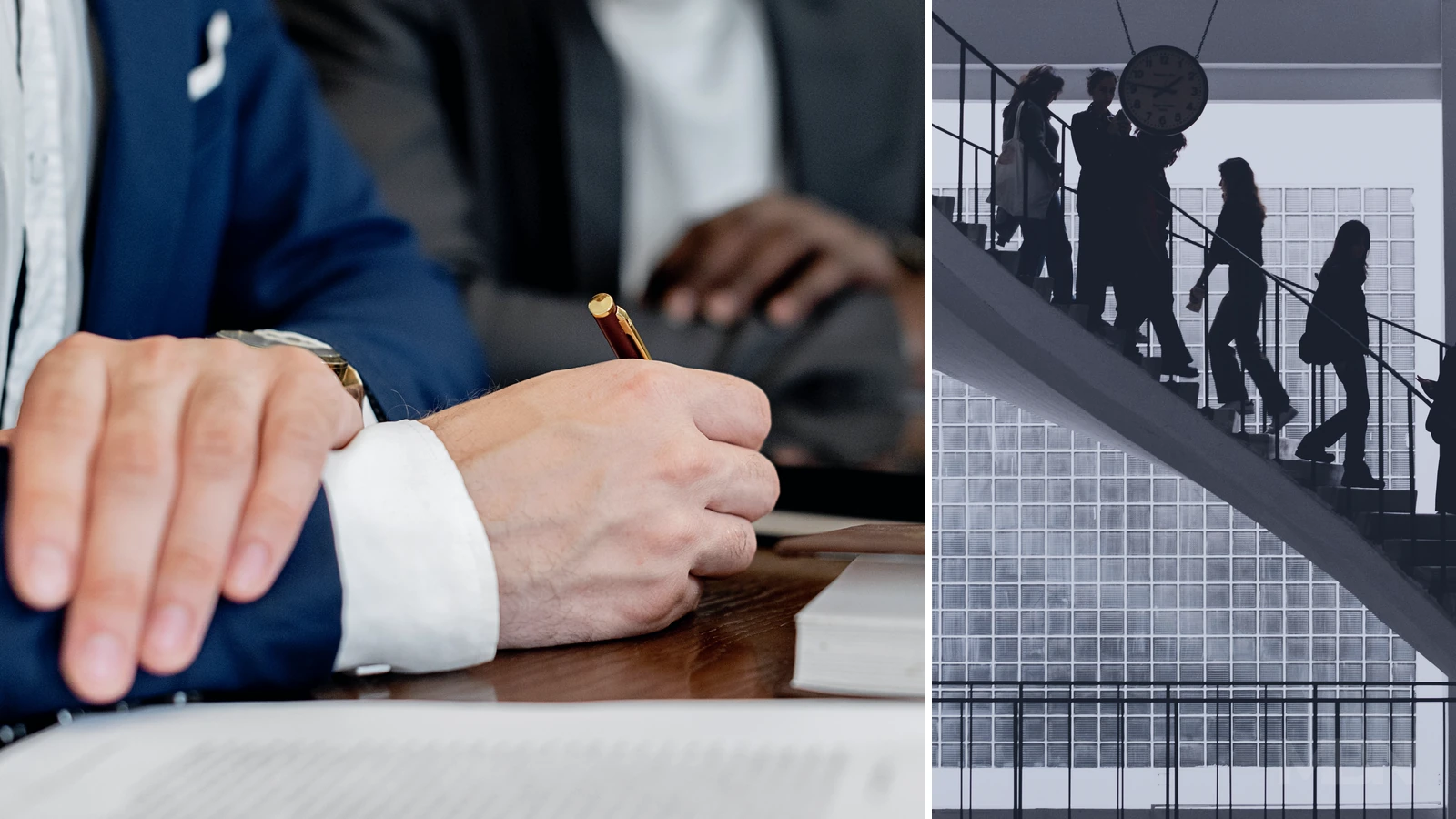 Editorial composite showing hands and documents during a workplace discussion beside a separate panel of silhouetted people on an office staircase.
