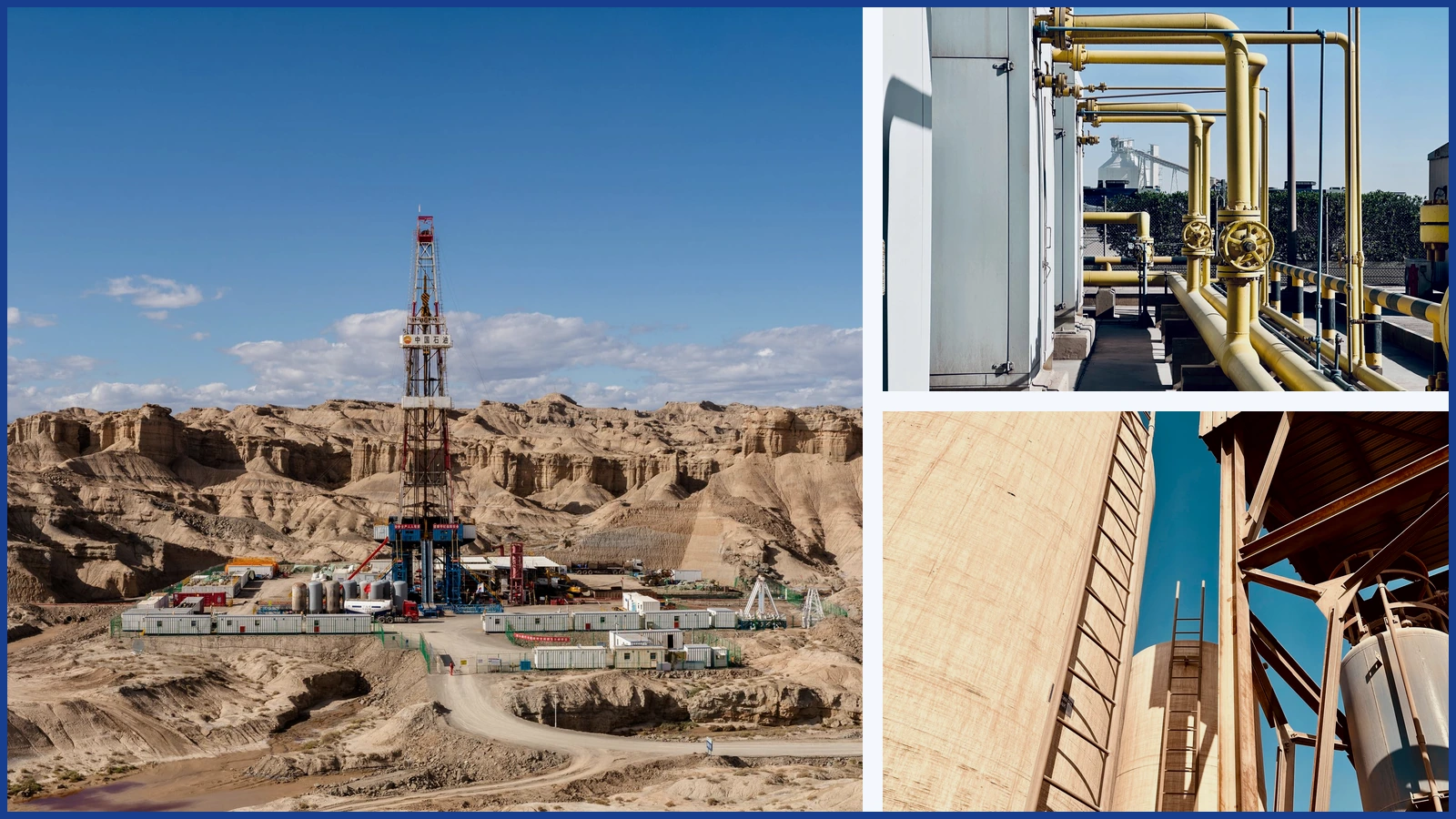 Editorial composite showing a drilling site, yellow industrial pipes, and tall storage tanks in separate panels.