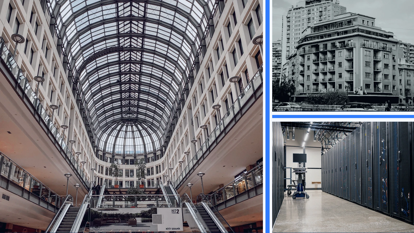 Editorial composite of a bright mall interior beside separate panels of urban apartment buildings and server racks.