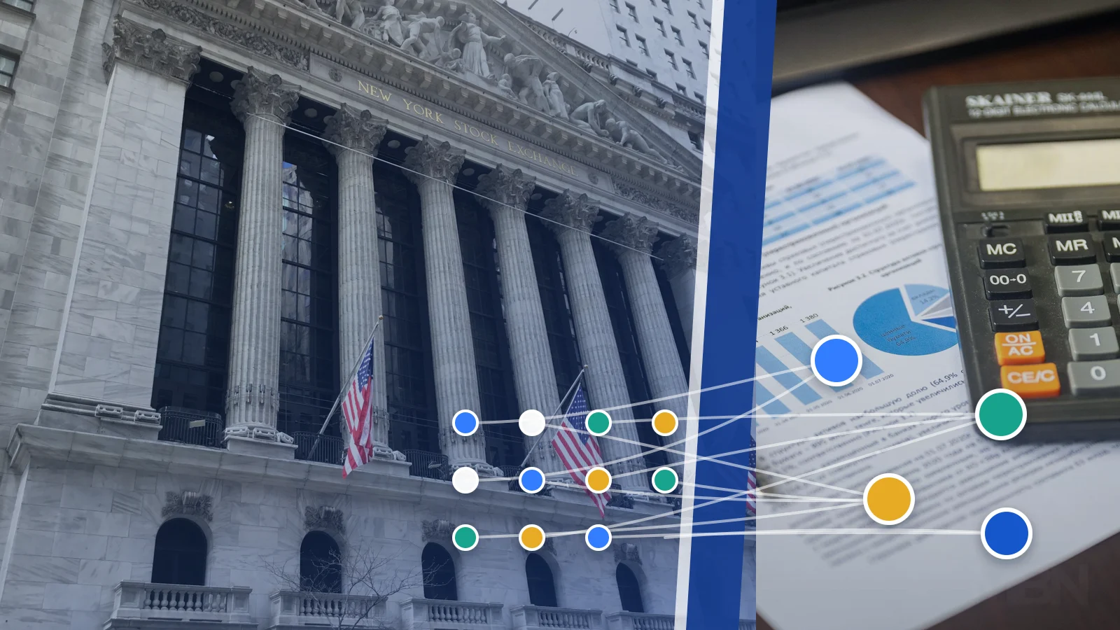 Editorial composite of the New York Stock Exchange, a financial report and calculator, connected by colored nodes representing regrouped companies.