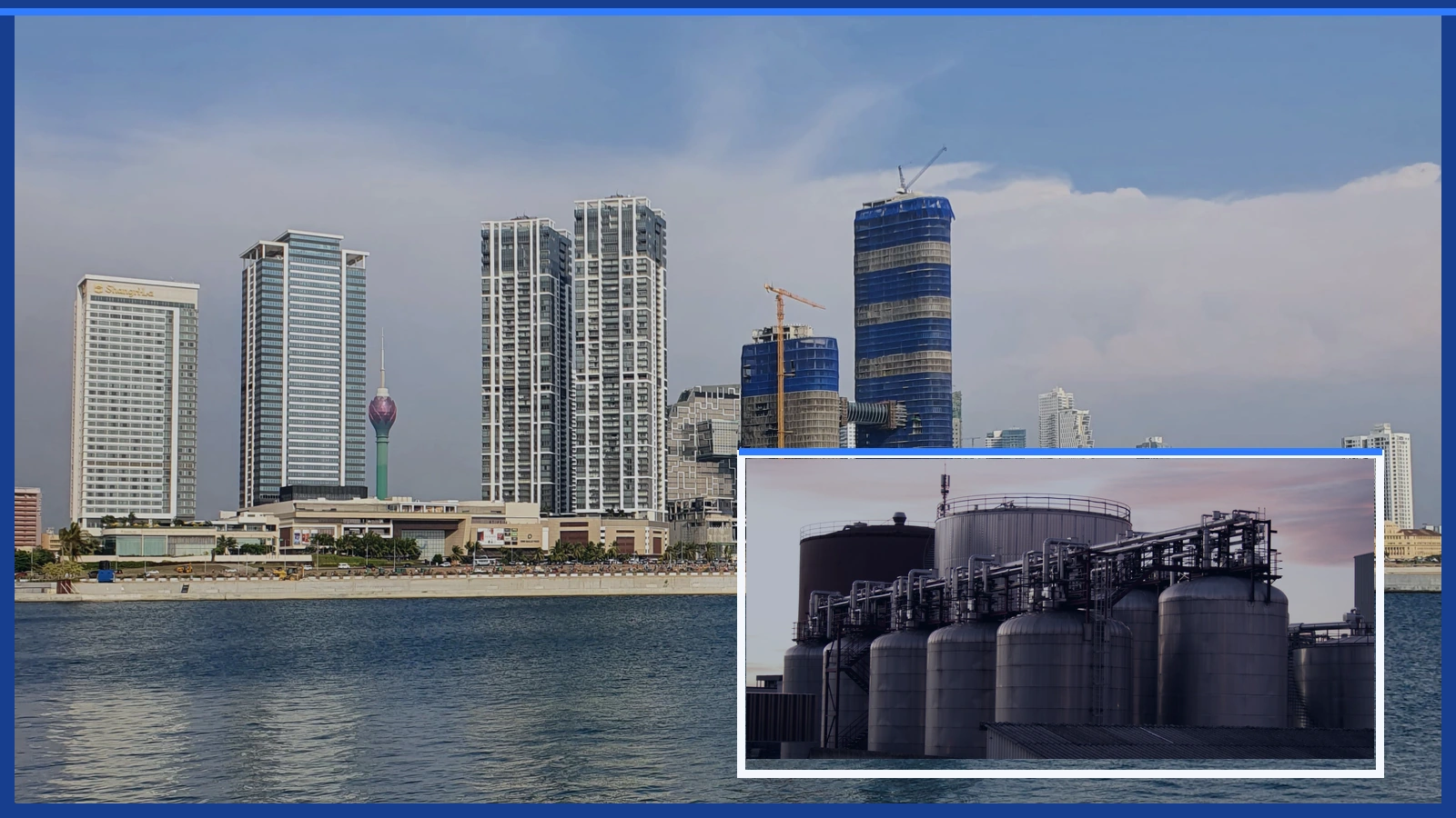 Editorial composite of Colombo's waterfront skyline and refinery storage tanks in separate panels.